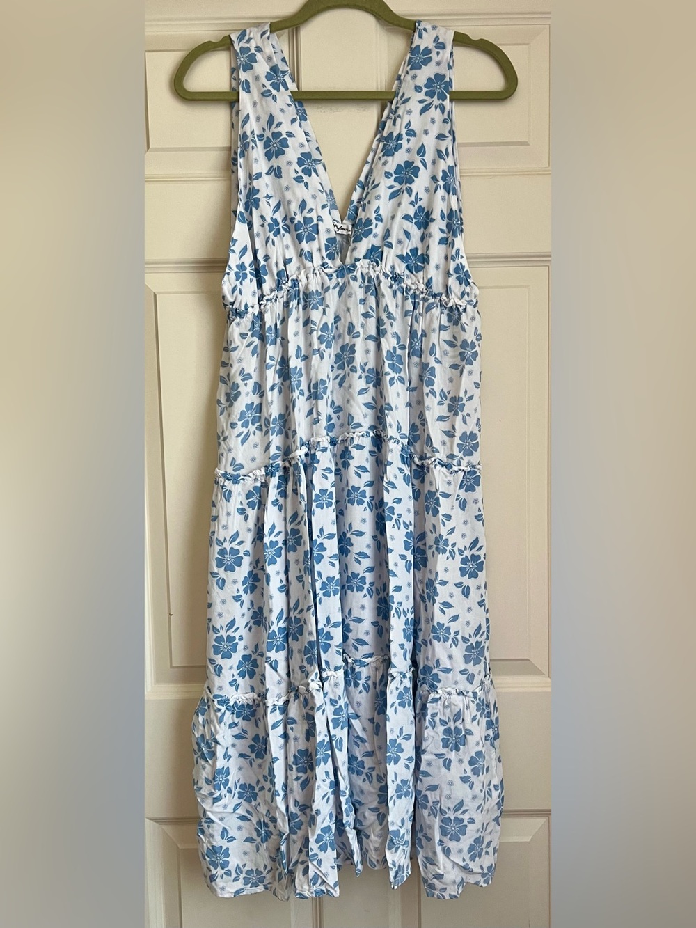 Salty Lemon Blue Floral Tiered Midi Dress - Women's L